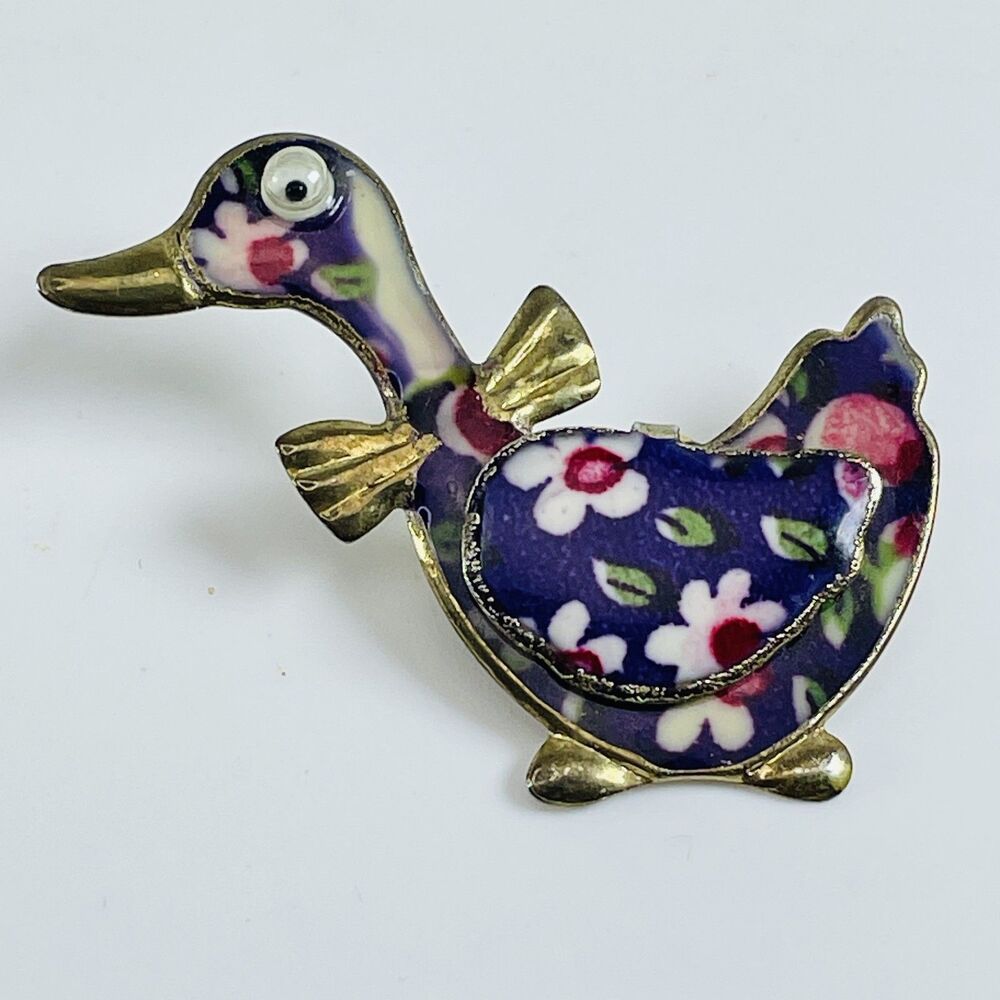 Vintage Enamel Duck Goose Brooch Pin Gold Tone Purple Floral Design Cute Animal